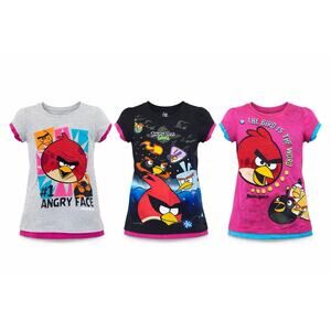 Angry Birds Girls Shirt Lot Size M 7/8 Graphic Tees Bundle 3pc Pink Gray Black
